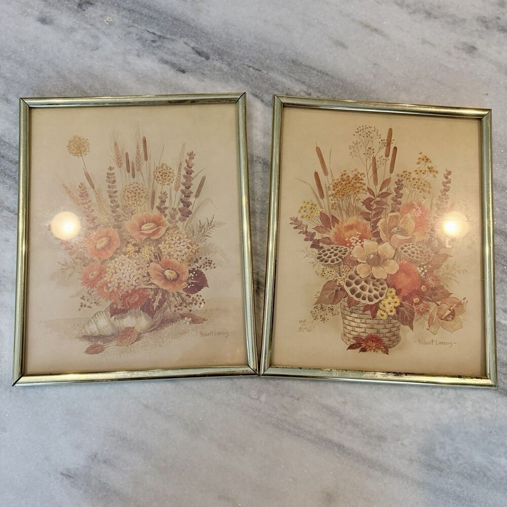 Vtg Pair Robert Laessig Floral Framed 8”x10” Prints Gold Frame 60s 70s MCM Boho